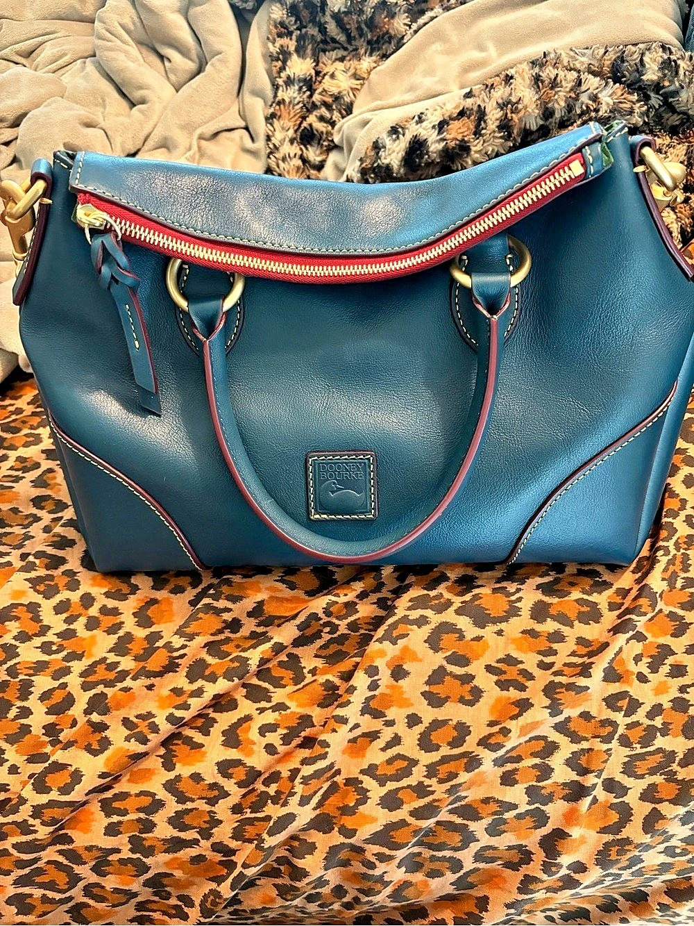 Dooney & Bourke Pebble Grain Zip Satchel Blue & Red